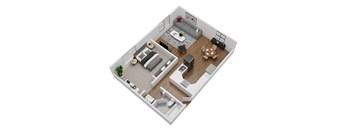 A top-down view of a modern living room and kitchen area at The Marquee Apartments, North Hollywood 91605