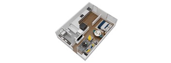 A top down view of a small apartment with a kitchen, living room, and bedroom at The Marquee Apartments, North Hollywood 91605