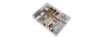A 3D floor plan of a house with a living room, dining room, kitchen, and two bedrooms at The Marquee Apartments, North Hollywood 91605