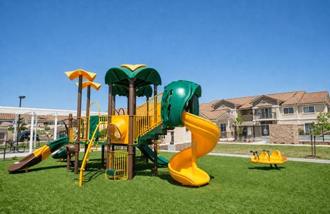 A playground with a yellow and green slide.