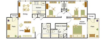 A floor plan of a house with a kitchen, dining room, living room, bathroom, and bedrooms.