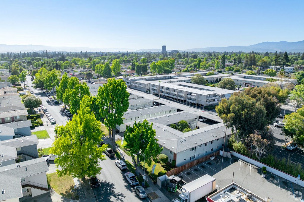 A view of a residential area with houses, trees, and a parking lot.