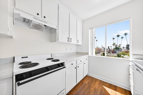 A kitchen with white appliances and cabinets with a view of palm trees outside the window.