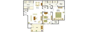 A floor plan of a house with a living room, dining room, kitchen, and multiple bedrooms.