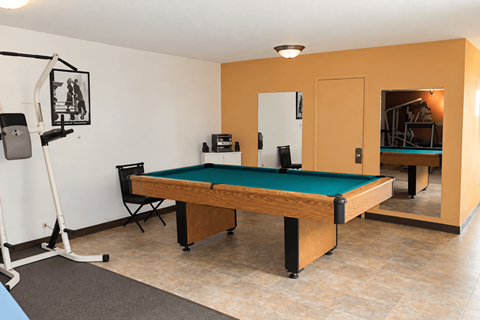 A pool table in a room with a chair and a mirror.