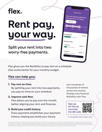 a flyer with a screenshot of a cell phone with the text rent pay your way at The Marquee Apartments, North Hollywood, CA 91605