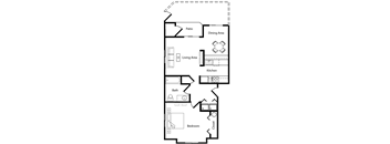 A floor plan of a house with a living area, kitchen, bedroom, bath, and closet.