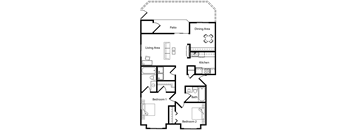 A floor plan of a house showing a living area, kitchen, dining area, and two bedrooms.