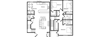 A floor plan of a house with a living area, kitchen, dining area, and three bedrooms.