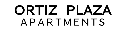 The image displays the text "ORTIZ PLAZA APARTMENTS" in bold, black letters on a green background.