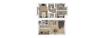 A floor plan of a two-story apartment with a living room, dining room, kitchen, and bedrooms.