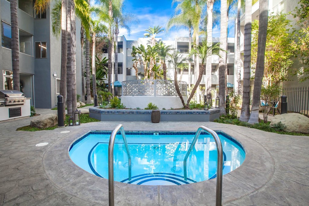 A swimming pool surrounded by palm trees and a stone wall.