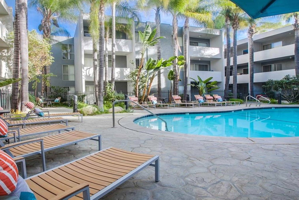 A pool surrounded by palm trees and lounge chairs.