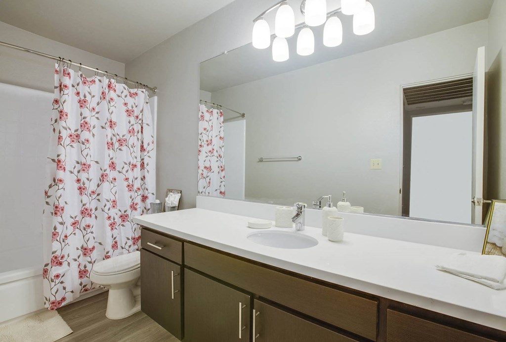 A bathroom with a white counter and a floral shower curtain.