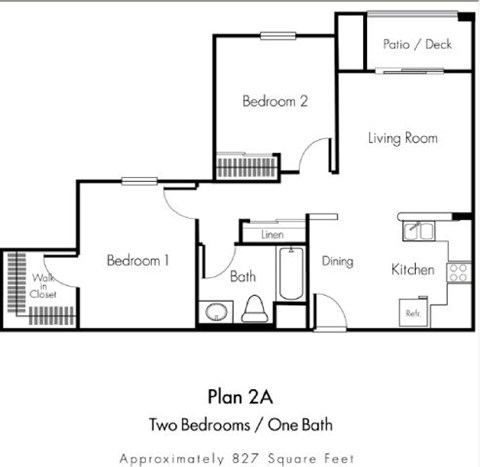 A black and white image of a floor plan for a two bedroom apartment.