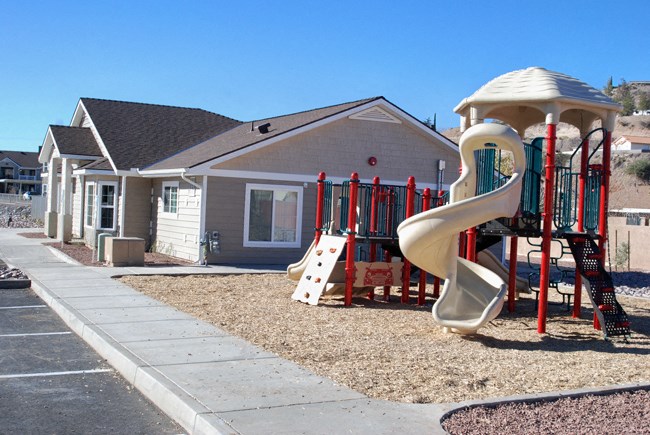 a playground with a slide and monkey bars in front of a house