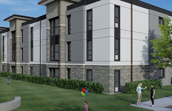 a rendering of an apartment building with people playing in the yard