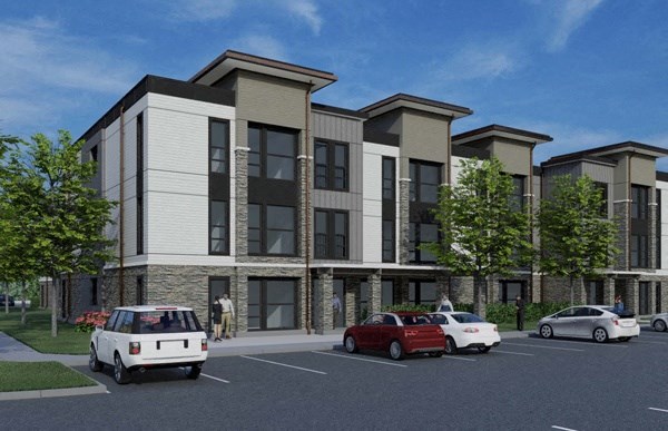 a rendering of an apartment building with cars parked in front of it