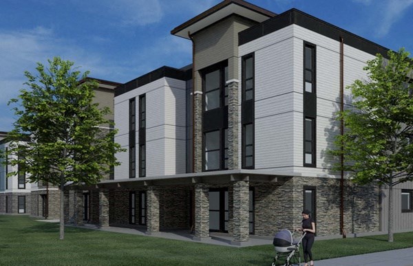a rendering of a three story apartment building with a woman pushing a stroller in front of