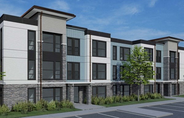 a rendering of an apartment building with a tree in front of it