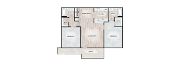 A floor plan of a house with a living room, dining room, kitchen, and two bedrooms.