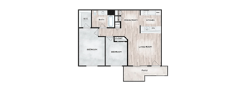 A floor plan of a house with two bedrooms, a living room, a kitchen, a bathroom, a dining room, a patio, and a closet.