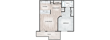 A floor plan of a house with a living room, dining room, kitchen, bedroom, bath, and patio.