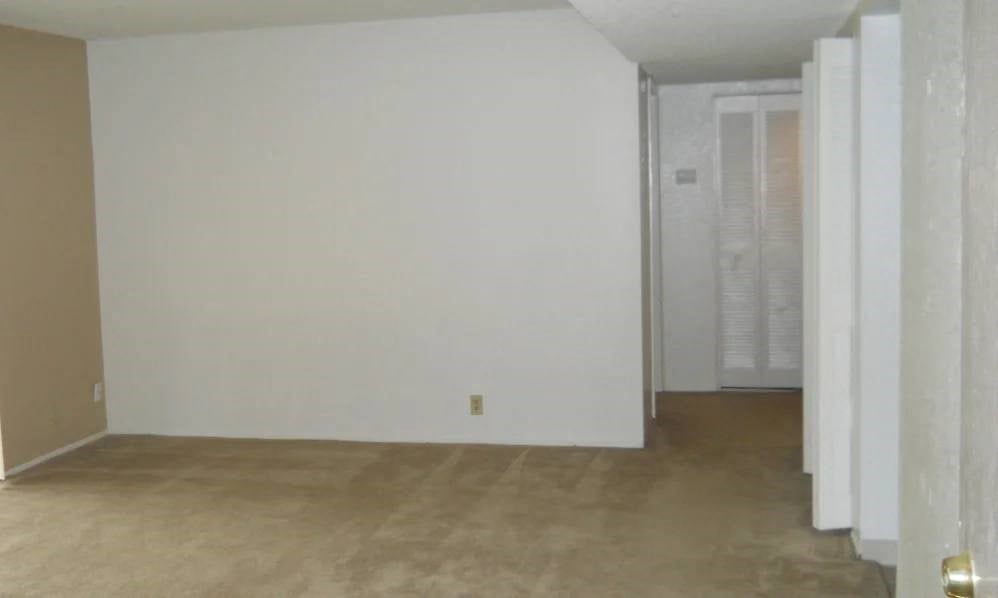 an empty living room with a white wall and a white door