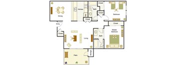 A floor plan of a house with a dining area, kitchen, living room, and bedrooms.