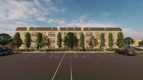 A rendering of a building with a parking lot in front.