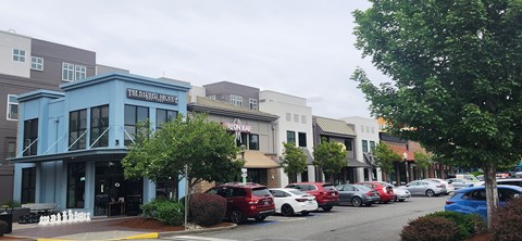 A street view of a row of shops with cars parked on the side.