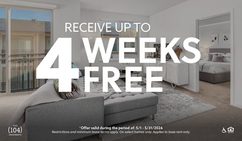 A promotional image for a 4 weeks free offer at The 104 Apartments.