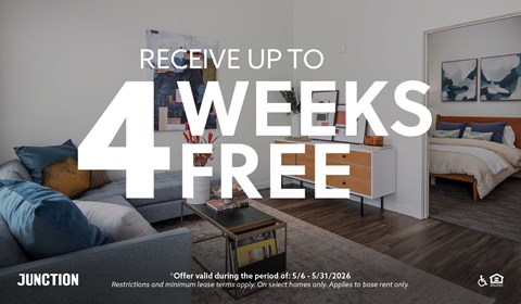 A room with a couch, a bed, and a coffee table is on offer for up to 4 weeks free.