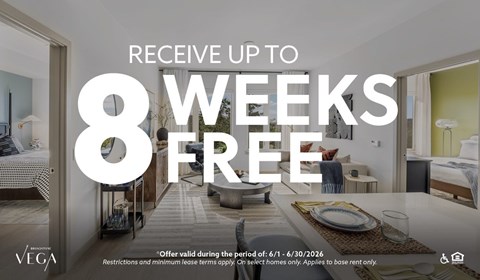 A promotional image for a free 8-week stay at VEGA.