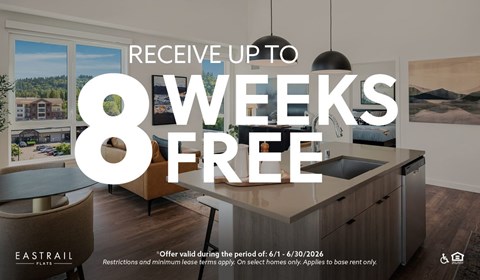 A modern kitchen interior with a large island and a dining table is showcased with a promotional offer for up to 8 weeks free.