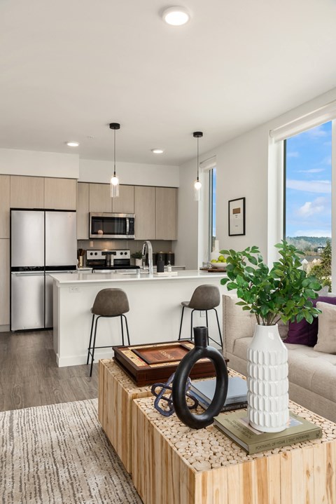a living room with a kitchen in the background