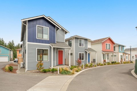 A row of houses with different colored front doors.