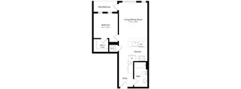 A floor plan of a small apartment with a living/dining room, kitchen, bathroom, and bedroom.