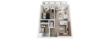 A top down view of a small apartment with a kitchen, living room, and bathroom.