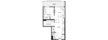 A floor plan of a small apartment with a living room, bedroom, bathroom, kitchen, and closet.