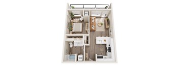 A top-down view of a small apartment with a bedroom, living room, kitchen, and bathroom.