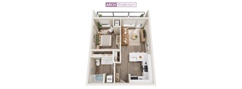 A floor plan of a small apartment with a living room, kitchen, and bathroom.