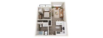A top-down view of a small apartment with a kitchen, living room, and bathroom.