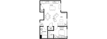A black and white floor plan of a house with a kitchen, living room, bedroom, bathroom, and closet.