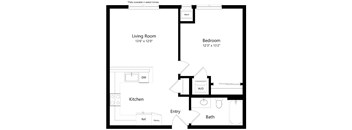A floor plan of a home layout with a living room, kitchen, bedroom, and bathroom.