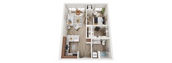 A top-down view of a modern apartment layout with a living room, kitchen, and bathroom.