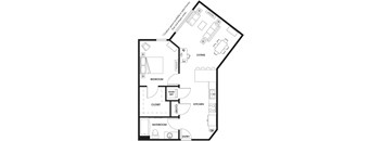 A floor plan of a house with a living room, kitchen, and bathroom.