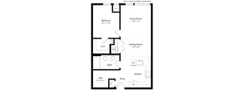 A floor plan of a home with a bedroom, living room, dining room, bath, kitchen, and den.