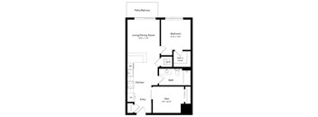 a floor plan of a house with a small kitchen and a living room