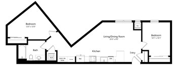 A black and white floor plan of a house with two bedrooms, a living/dining room, kitchen, bathroom, and entry.